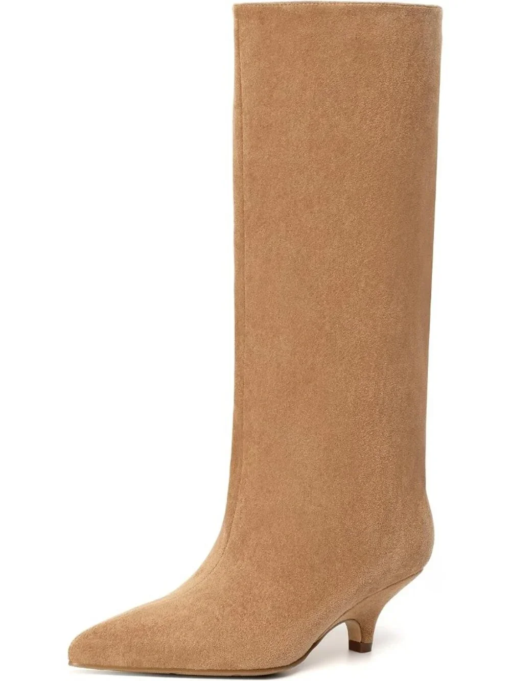 Women's Nude Suede Pointed-Toe Folded Wide Calf Low Kitten Knee-High Boot